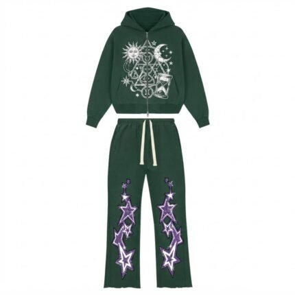 Green Star Embroidery Zip-Up Hoodie & Wide Leg Tracksuit Set for Streetwear, Casual & Lifestyle Wear