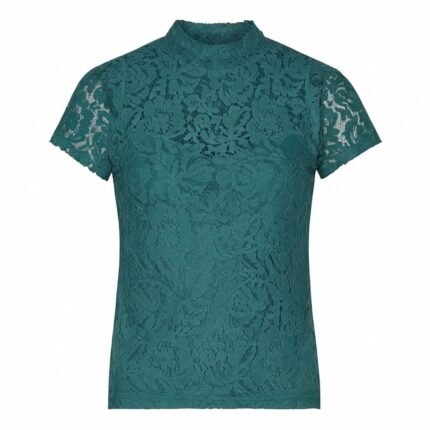 Teal Floral Lace Trachten T-Shirt with High Neck